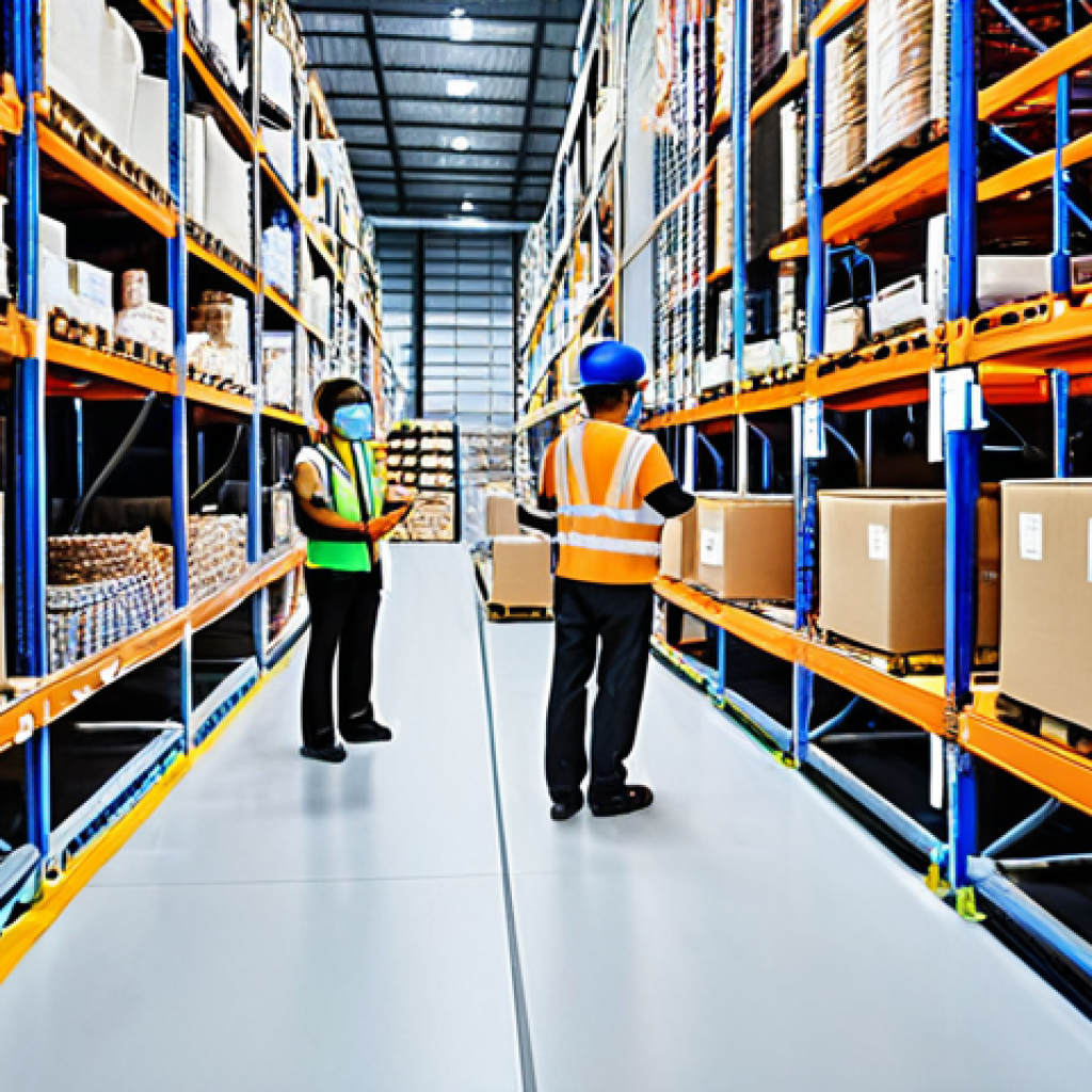 **

A modern warehouse scene in Thailand, showcasing automated systems like AS/RS and AGVs efficiently moving goods. Include Thai workers overseeing the operations using tablets, with a backdrop of shelves stocked with products popular in the Thai market. The overall atmosphere should be bright and technologically advanced, illustrating the integration of automation in warehouse management.

**