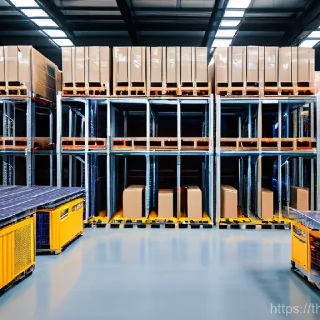 물류기술사 자격증과 자재 관리 효율화 - **Prompt:** A futuristic, highly automated logistics warehouse located in Thailand. The scene featur...
