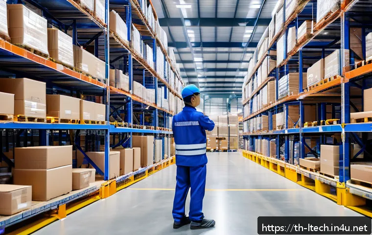 물류기술사 시험을 위한 최신 물류 트렌드 - A modern Thai warehouse interior featuring advanced robotic systems actively picking and moving pack...